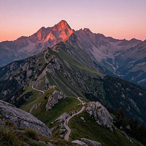 Photograph of a rugged mountain range at sunset, with a winding trail, pink-tinged peaks, and a gradient sky from pink to blue.