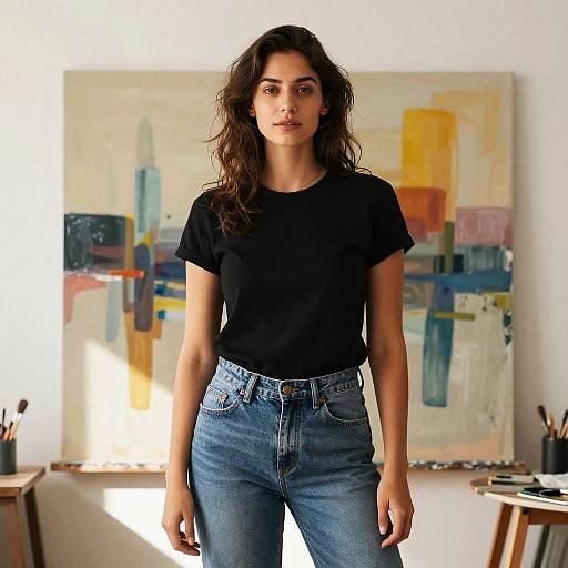 Photograph of a young woman with wavy brown hair, wearing a black t-shirt and blue jeans, standing in an art studio with a colorful abstract