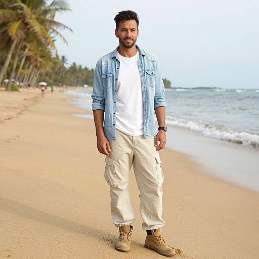 Photograph of a bearded man with medium skin tone, short black hair, wearing a light blue denim shirt, white t-shirt, beige cargo pants