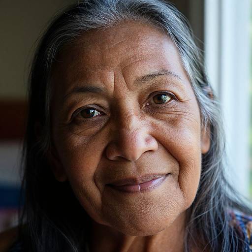 Close-up photograph of an elderly woman with medium brown skin, long gray hair, and deep brown eyes, smiling gently; soft natural light highlights her wrinkles