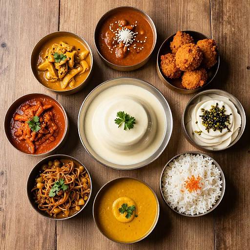 Top-down photo of diverse Indian dishes: curries, rice, samosas, raita, chutneys, all in bowls on wooden table