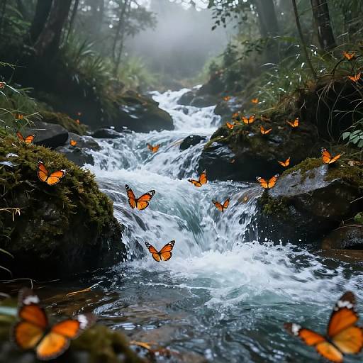 Photograph of a forest stream with vibrant orange butterflies fluttering around white, rushing water, surrounded by lush greenery and moss-covered rocks.