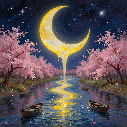 Digital painting of a magical night scene with a glowing crescent moon dripping golden light into a serene, starry river, surrounded by pink cherry blossoms