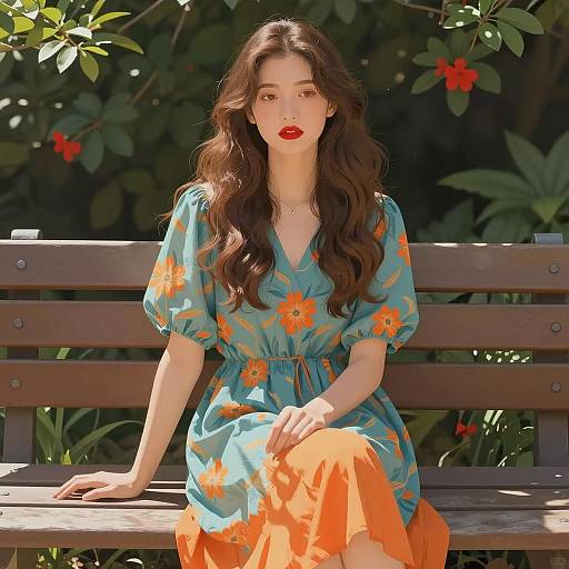 Young Woman in Floral Dress Illustration