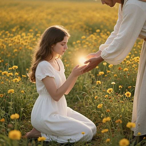 Photograph: Young woman in white dress kneels in sunlit yellow daisy field, receiving blessing from man in white robes. Sunbeam illuminates