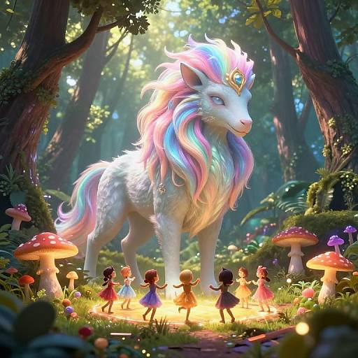 Digital fantasy artwork of a radiant white unicorn with pastel mane, surrounded by small fairy-like children and glowing mushrooms in a enchanted forest.