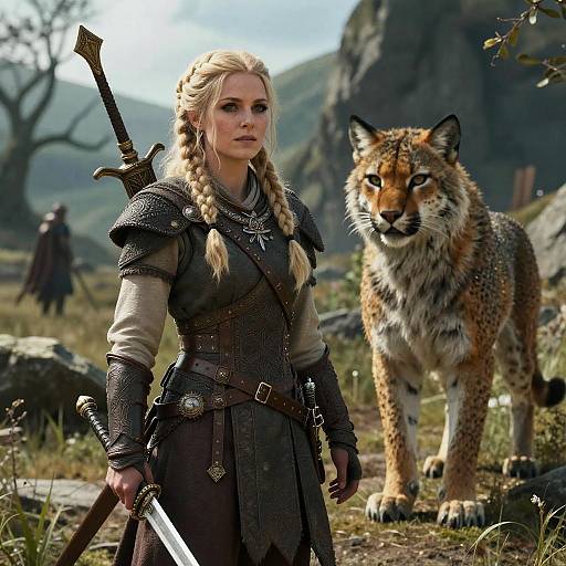 Fantasy Warrior Woman with Lynx Companion