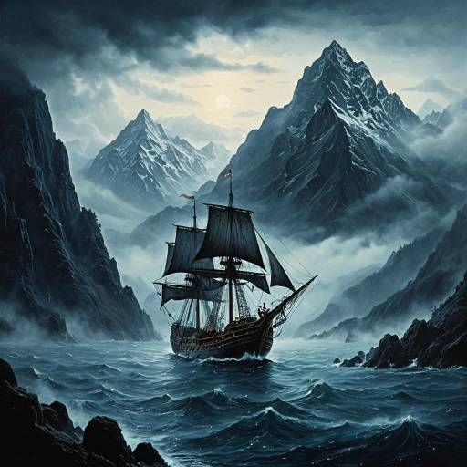 Ancient Ship Sailing Through Misty Mountains