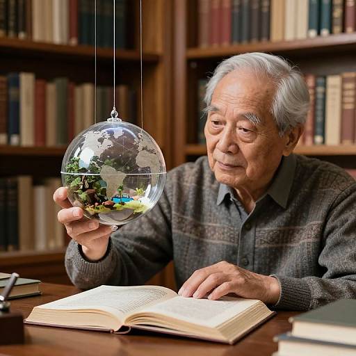 Elderly Scholar with Miniature Ecosystem Globe