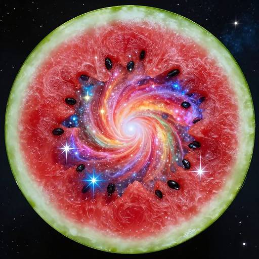 Digital art of a vibrant, red, swirling galaxy with black dots, glowing blue and white stars, and a green outer ring, resembling a watermelon