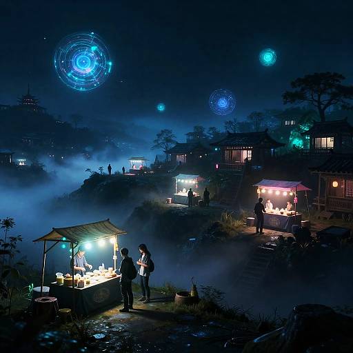Futuristic Neon-Lit Village on Misty Hill at Night