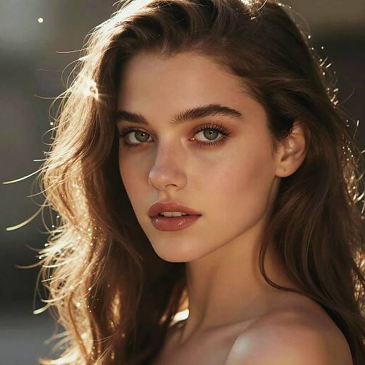 Photograph of a beautiful young woman with long brown hair, green eyes, and full lips, illuminated by sunlight, with a blurred, dark background.