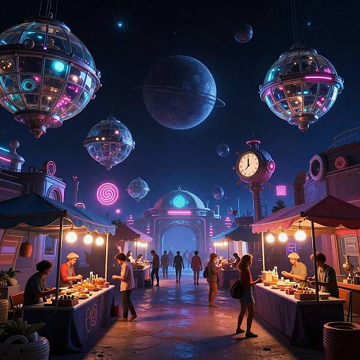Neon-lit Asteroid Bazaar in Retro Sci-Fi Style
