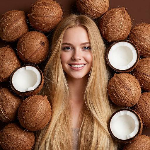 Photograph of a smiling blonde woman with long hair, surrounded by a dark background of whole coconuts with cut-open sections.