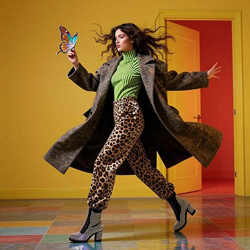 Photograph of a confident woman with long dark hair, wearing a green striped top, leopard-print pants, black coat, and sparkly boots, holding