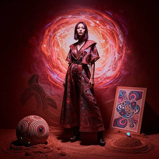 Photograph of a woman in a red, patterned kimono, standing before a swirling, fiery red light, with abstract art and a spiral ball