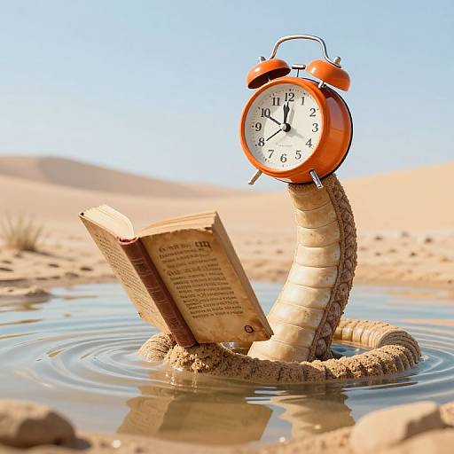 Photograph of an orange alarm clock with black hands, perched on a sandy snake emerging from a desert waterhole, with an open book partially submerged