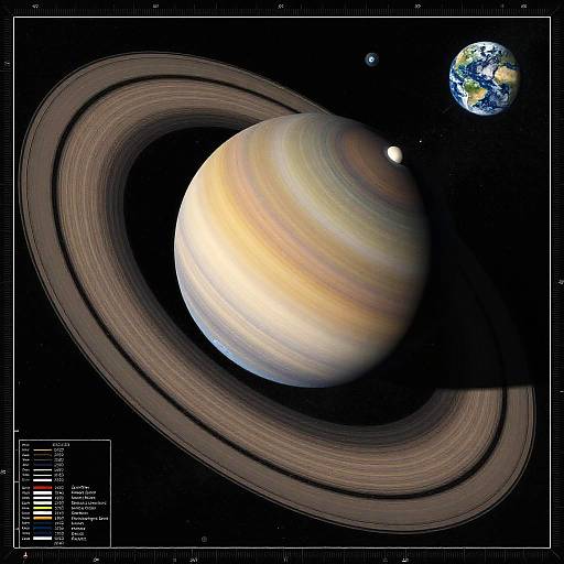 Photorealistic CGI of Saturn with rings, yellow and brown planet surface, Earth in the top right, black space background.