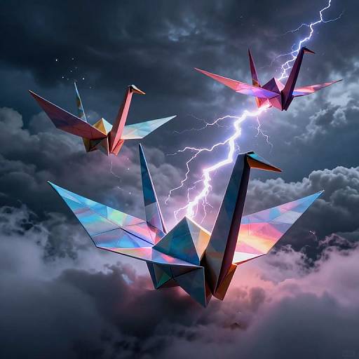 Digital artwork of three rainbow-colored, crystalline paper airplanes flying through a stormy sky with bright lightning bolts illuminating them.