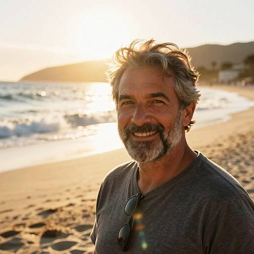 Photograph of a smiling middle-aged man with gray hair and beard, wearing a gray shirt and sunglasses around his neck, standing on a sunlit beach