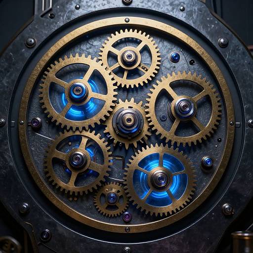 Photograph of intricate mechanical gears with glowing blue neon accents, set within a metallic circular frame, showcasing a steampunk aesthetic.