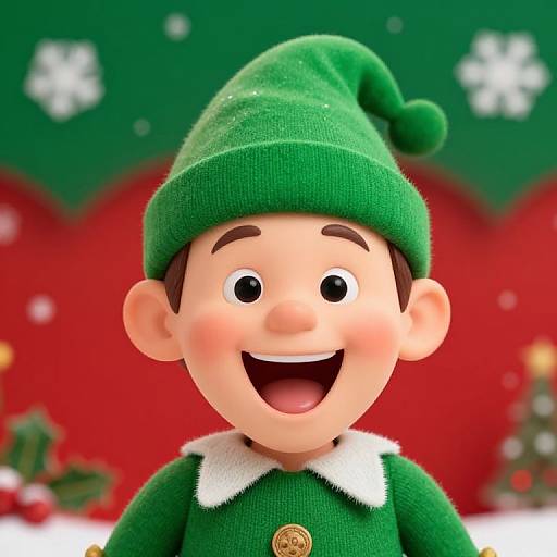 Photograph of a cheerful, cartoon-style elf with green hat and sweater, white collar, smiling, against a festive red and green background.