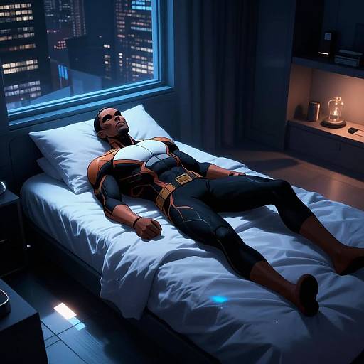CGI image of a muscular, bald man in a black and orange superhero suit lying on a white bed in a dimly lit, modern city apartment