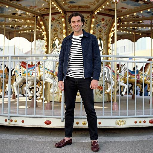 Photograph of a smiling man with curly brown hair, wearing a black jacket, striped shirt, black pants, and brown loafers, standing in front