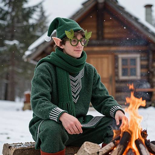 Cozy Elf Costume by Winter Campfire