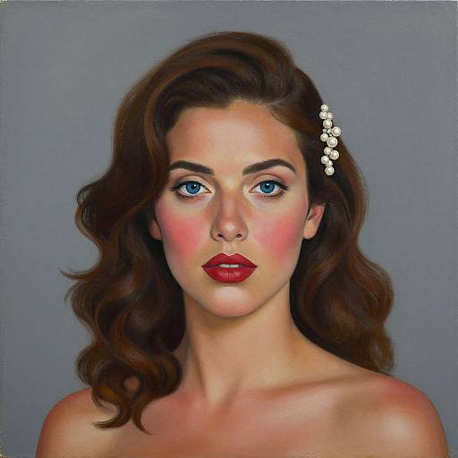 Digital portrait of a fair-skinned woman with blue eyes, red lips, wavy brown hair, and a small hairpin, set against a gray