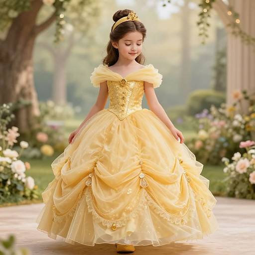 Photograph of a young girl with fair skin and dark brown hair, wearing a yellow, off-shoulder, ballgown-style princess dress,