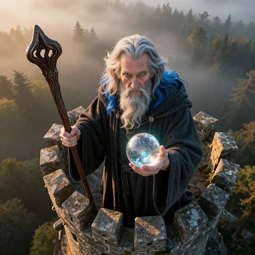 Photograph of an old wizard with white beard, blue hood, holding staff and glowing orb, standing on stone tower, misty forest background.