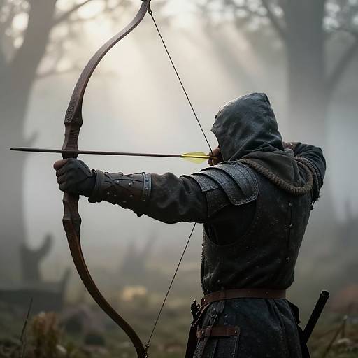 Photograph of a hooded archer in dark, medieval-style armor drawing a bow in a misty, sunlit forest, with blurred trees and