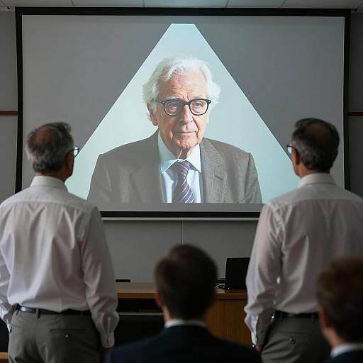 Elderly Man Projected on Screen in Conference Room