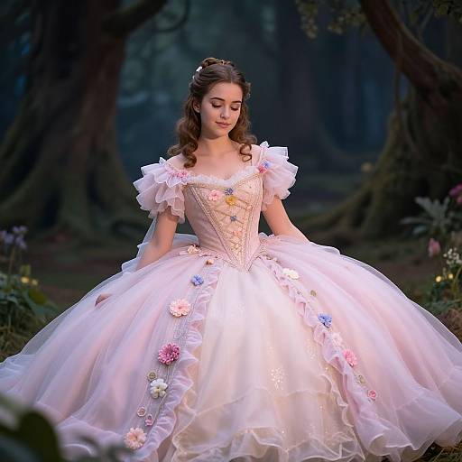 Photograph of a young woman with curly brown hair in a fairytale-style, white, floral-embellished ball gown, standing in a