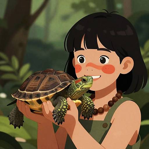Whimsical Girl with Turtle in Forest