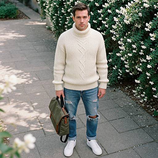 Photograph of a man with short brown hair, wearing a white knitted turtleneck sweater, ripped blue jeans, white sneakers, and holding a