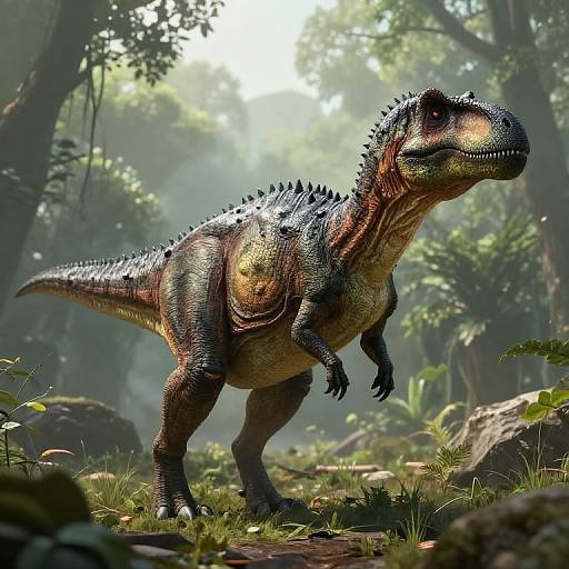 Photorealistic CGI of a colorful, textured dinosaur with black and orange scales, spiked back, and sharp teeth in a sunlit, misty forest
