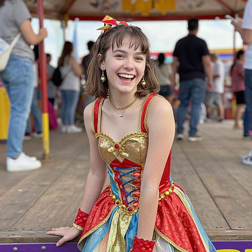 Photograph of a smiling young woman in a colorful, fairytale-style costume with red, gold, and blue accents, seated on a wooden board