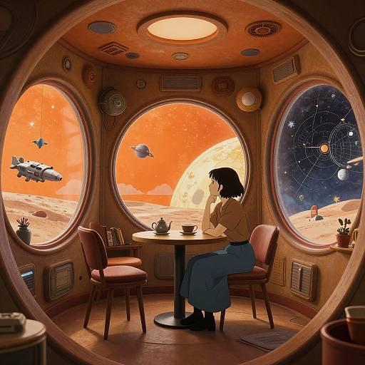 Digital illustration: Silhouetted woman in yellow shirt and blue skirt, sitting at circular table in spaceship café, viewing vibrant orange planet and starry