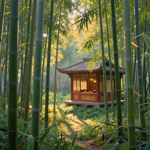 Photograph of a traditional Chinese wooden pavilion with ornate carvings, nestled among tall, lush bamboo trees in a sunlit forest.