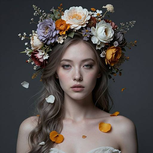 Photograph of a pale-skinned, long-haired woman with a floral crown of white, orange, and purple flowers, wearing a white strapless top