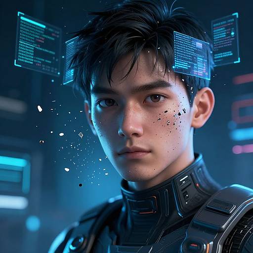 CGI image of a young Asian man with short black hair, wearing a futuristic, high-tech suit, with glowing holographic screens above his head in