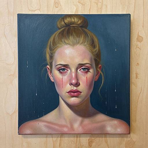 Digital painting of a blonde woman with tears streaming down her face, hair in a bun, against a dark blue background, displayed on wooden wall.