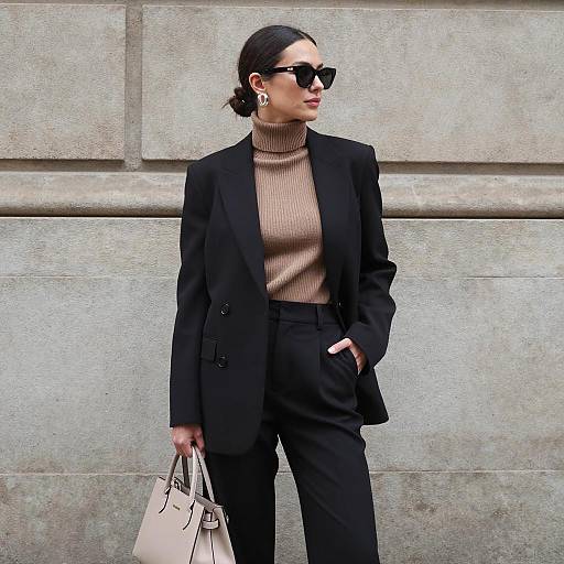 Woman in Black Blazer with Beige Handbag
