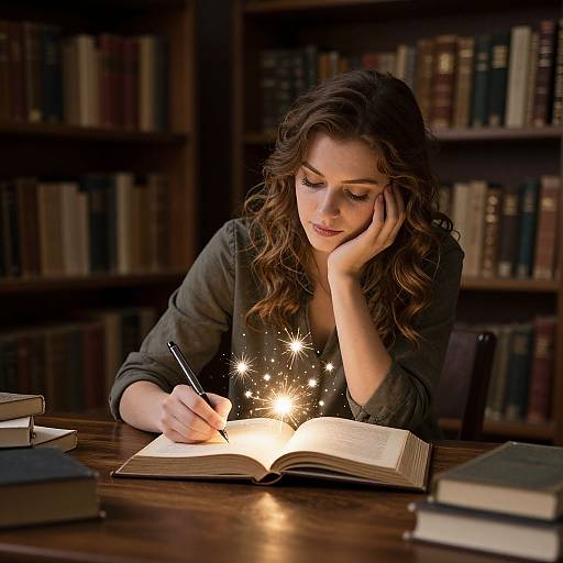 Photograph of a young woman with wavy brown hair, wearing a dark gray shirt, writing in an illuminated open book surrounded by sparkles, in