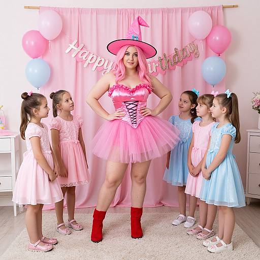 Photograph of a woman in a pink tutu, witch hat, and red boots surrounded by five girls in pastel dresses, balloons, and 