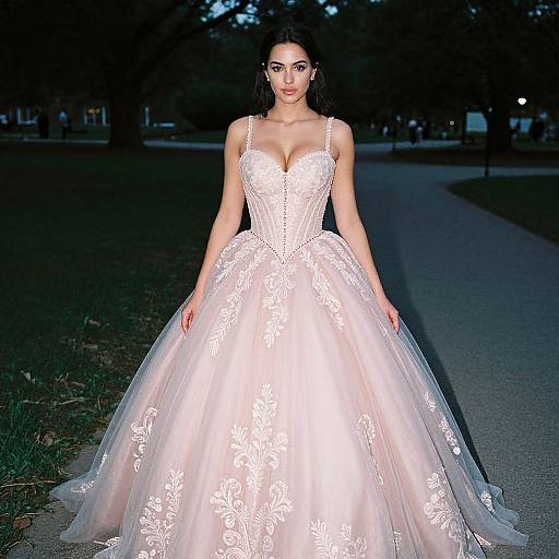 Photograph of a fair-skinned woman with dark hair in a radiant, white lace strapless ball gown, standing on a dimly lit park path
