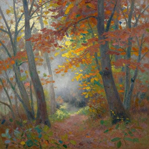 Impressionistic painting of a vibrant autumn forest with tall trees, colorful leaves in red, orange, and yellow, and a sunlit pathway.