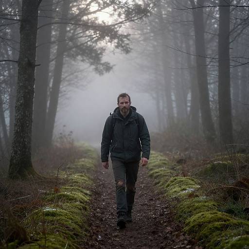 Photograph of a bearded man in a gray jacket walking down a misty, mossy forest path, surrounded by tall, fog-shrouded